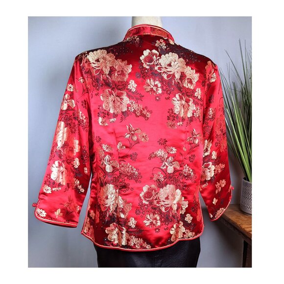 Satin Chinese Mandarin Top Long Sleeves XXL Embroidered Ruby Red Vintage - Picture 7 of 10